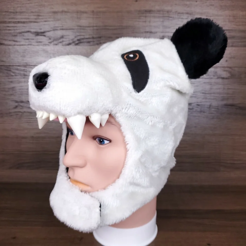 Panda Bear Hood Fur Hat Cap Youth Kids 3D Teeth Ears Nose Chin Strap New
